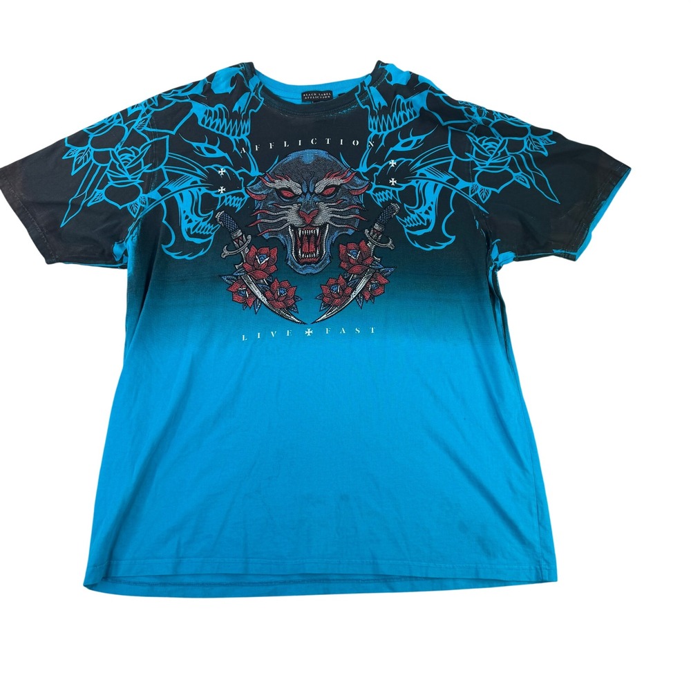 Affliction Graphic T-Shirt Mens 4XL Blue Black Ombre Panther Rhinestone 9801